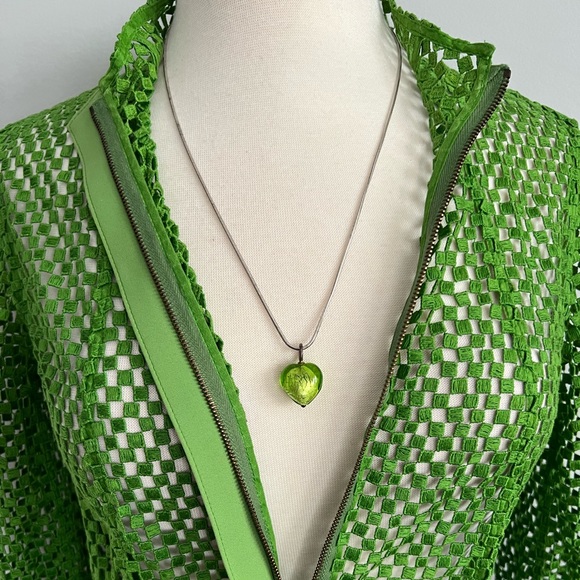 Vintage Y2K Murano Heart Glass & Sterling Silver Lime Green Necklace Pendant - Picture 3 of 17